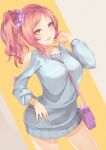  1girl adjusting_hair bag between_breasts blue_shirt bracelet breasts cinderella_series clothing_cutout commentary_request enuno_(nuno0099) hachigatsu_no_cinderella_nine hair_ornament hair_scrunchie hanayama_emi high_side_ponytail highres jewelry large_breasts long_shirt necklace official_alternate_hairstyle open_mouth pink_hair purple_bag purple_eyes purple_scrunchie scrunchie shirt shoulder_bag shoulder_cutout side_ponytail solo strap_between_breasts teeth 