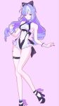  1girl ahoge animal_print black_shoes bow bowtie butterfly_print clothing_cutout commentary_request drill_hair drill_sidelocks friendlymarsupi frilled_one-piece_swimsuit frilled_wrist_cuffs frills full_body heart_cutout high_heel_sandals high_heels highres multicolored_hair navel one-piece_swimsuit pink_background purple_bow purple_bowtie purple_eyes purple_nails red_eyes sandals shoes sidelocks solo stomach_cutout streaked_hair swimsuit thigh_strap two-tone_one-piece_swimsuit vivian_banshee vivian_banshee_(iris_of_the_shore) white_one-piece_swimsuit white_streaks wrist_cuffs zenless_zone_zero 