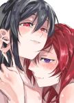  2girls black_hair closed_mouth hand_on_another's_neck hand_on_another's_shoulder highres long_hair looking_at_viewer love_live! love_live!_school_idol_project multiple_girls nishikino_maki nude parted_lips purple_eyes red_eyes red_hair simple_background smile surfacedxxc white_background yazawa_nico yuri 