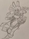  1girl absurdres animal_ears book boots bun_(niking) gloves graphite_(medium) grimoire hatching_(texture) highres linear_hatching lineart magic mechanical_pencil original paper_background pencil photo_(medium) rabbit rabbit_ears self-upload sergent_magnom sketch solo traditional_media 