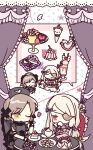  1girl 2girls birthday_cake black_dress black_gloves blonde_hair bow cake cake_slice commentary_request cross cross_ornament cup dress eyepatch food fork fruit gloves grey_hair hair_bow hair_ornament hat highres holding long_hair magical_girl mahou_shoujo_ikusei_keikaku mahou_shoujo_ikusei_keikaku_restart multiple_girls nurse_cap open_mouth pfle purple_bow saucer shadowgale short_hair smile soleidekmo solo strawberry strawberry_shortcake tea_party tea_set teacup teapot yellow_eyes 