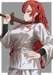  1girl artist_name black_hairband closed_mouth cowboy_shot english_commentary eris_greyrat from_side grey_background hair_between_eyes hairband hand_on_own_hip highres kein_hasegawa long_hair long_sleeves mushoku_tensei over_shoulder patreon_username profile red_eyes red_hair signature solo sword sword_over_shoulder two-tone_background weapon weapon_over_shoulder white_background white_dougi wooden_sword 