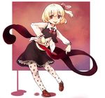  :p blonde_hair chest_mouth dress_shirt loafers long_tongue murani number pantyhose polka_dot polka_dot_legwear red_eyes rumia shirt shoes side_ponytail skirt solo tongue tongue_out touhou vest 