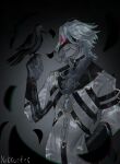 1boy absurdres artist_name ascot bird bird_on_hand black_gauntlets blue_ascot chromatic_aberration coat commentary_request crow dark dottore_(genshin_impact) evil_smile eye_mask genshin_impact grey_hair hand_in_pocket highres male_focus mask nikkorfek sharp_teeth smile solo teeth upper_body white_coat 