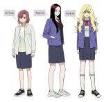  3girls black_hair black_shoes blonde_hair blood_time blue_jacket blue_skirt brown_eyes brown_hair closed_mouth commentary_request da-yang_baek frown full_body grey_eyes ha-yang_baek hand_in_pocket highres jacket korean_commentary korean_text long_hair multiple_girls murrang_f necktie official_artist_extra red_necktie shoes short_hair skirt sneakers socks translated white_shoes white_socks yeonu_ha 
