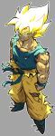  1boy absurdres angry battle_damage belt bioluminescence blonde_hair blood blood_from_mouth blood_on_arm blood_on_chest blood_on_face blood_on_shoulder blue_shirt blue_wrist_cuffs clenched_teeth dougi dragon_ball dragon_ball_z full_body glowing glowing_hair green_eyes grey_background hair_flowing_over highres looking_up male_focus muscular muscular_male oekaki orange_dougi orange_pants pants pectorals saiyan shirt simple_background solo son_goku spiked_hair standing super_saiyan super_saiyan_1 teeth teknodice torn_clothes torn_pants torn_shirt wrist_cuffs 