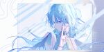  1girl blue_eyes blue_hair breasts closed_mouth commentary_request earrings fiery_horns forehead_tattoo hair_intakes hair_ornament hair_stick hand_up highres horns jewelry large_breasts qingxiao_(wuthering_waves) sfq04_rkc6 simple_background solo tacet_mark_(wuthering_waves) tattoo wuthering_waves 
