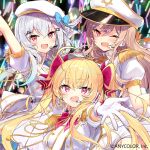 3girls :d ahoge album_cover arm_up beret blonde_hair blue_background bow bowtie breasts brown_hair collared_shirt commentary company_name copyright_notice cover crossed_bangs earrings epaulettes furen_e_lustario gloves glowstick grey_hair hair_between_eyes hair_ornament hair_ribbon hakase_fuyuki hat hat_bow headset highres idol_clothes jewelry long_hair looking_at_viewer miruto_netsuki multiple_girls nijisanji number_hair_ornament official_alternate_costume official_art one_eye_closed open_hand open_mouth orange_ribbon outstretched_arm penlight_(glowstick) pi_(math) pink_bow pink_bowtie pink_eyes pink_ribbon puffy_short_sleeves puffy_sleeves red_eyes ribbon second-party_source shirt short_sleeves smile takamiya_rion trinity_(nijisanji) twintails virtual_youtuber white_gloves white_hat white_shirt 