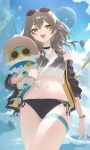  1girl absurdres alternate_costume bikini black_bikini black_choker black_jacket breasts bubbles_(honkai:_star_rail) chimera_(honkai:_star_rail) choker cleavage commentary_request elmo_(st_elmomomo) eyewear_on_head grey_hair highres honkai:_star_rail honkai_(series) innertube jacket long_hair medium_breasts navel see-through_clothes see-through_shirt shirt smile sparkle stelle_(honkai:_star_rail) sunglasses swim_ring swimsuit thigh_strap tied_shirt trailblazer_(honkai:_star_rail) watch wristwatch yellow_eyes 