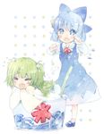  blue_eyes blue_hair blush cirno fang green_hair hair_bobbles hair_ornament hair_ribbon highres ice ice_wings kisume mary_janes multiple_girls open_mouth ribbon shaved_ice shipu_(toppintetratorten) shoes short_hair socks tears touhou twintails wavy_mouth wings 