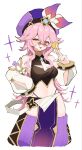  1girl aged_up bare_shoulders breasts coin commentary_request detached_sleeves dori_(genshin_impact) genshin_impact glasses hair_between_eyes hand_up hat highres holding holding_coin long_hair long_sleeves looking_at_viewer medium_breasts open_mouth pink-tinted_eyewear pink_hair purple_hat simple_background solo tinted_eyewear very_long_hair watari_0208 white_background white_sleeves yellow-framed_eyewear yellow_eyes 