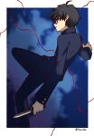  1boy absurdres ahoge black_hair blue_eyes blue_jacket blue_pants blue_sky buttons cloud commentary_request crack dynamic_pose gakuran glasses highres holding holding_knife jacket knee_up knife looking_at_viewer looking_back male_focus messy_hair midair moyashi_(tenor366) mystic_eyes_of_death_perception nanatsu-yoru night pants school_uniform sky solo souya_high_school_uniform tohno_shiki tsukihime tsukihime_(remake) 