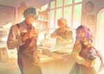  1girl 2boys analog_clock antenna_hair apron arm_tattoo artist_name bare_shoulders black_apron black_sweater blonde_hair blue_eyes bowl braid breasts cafe castorice_(honkai:_star_rail) castorice_(luckin_coffee)_(honkai:_star_rail) character_cookie chimera_(honkai:_star_rail) clock closed_mouth clothing_cutout coffee coffee_mug commentary counter cup cupcake english_commentary food grey_skirt highres holding holding_bowl holding_plant holding_whisk honkai:_star_rail honkai_(series) indoors long_hair long_sleeves looking_at_another low-tied_long_hair medium_breasts medium_hair mixing_bowl mug multiple_boys mydei_(delicacies)_(honkai:_star_rail) mydei_(fig_stew)_(honkai:_star_rail) mydei_(honkai:_star_rail) no_coat open_clothes open_shirt parted_lips phainon_(express_travel)_(honkai:_star_rail) phainon_(honkai:_star_rail) plant potted_plant purple_eyes purple_hair red_tattoo shi_(shi_zumii) shirt short_hair shoulder_cutout side_braid skirt smile sunlight sweater tattoo tiered_tray turtleneck turtleneck_sweater very_long_hair wall_clock whisk white_hair white_shirt white_sweater window 