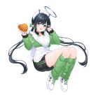  1girl :d antennae apple_pie apron black_shorts chitetan commentary_request copyright_request dotted_line food frilled_apron frills full_body green_eyes green_jacket green_socks halo heart heart_apron holding holding_food jacket jersey_maid kneehighs long_hair long_sleeves loose_socks low_twintails maid maid_headdress pie puffy_long_sleeves puffy_sleeves shoes shorts simple_background sleeves_past_wrists smile socks solo track_jacket twintails unconventional_maid very_long_hair virtual_youtuber watermark white_apron white_background white_shoes 