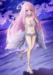  1girl absurdres alternate_breast_size_(larger) angel_wings aqua_hair beach bikini blue_archive blush breasts closed_mouth cloud cloudy_sky commentary_request feathered_wings frilled_bikini frills full_body gradient_hair halo highres kl39p large_breasts long_hair looking_at_viewer low_wings mika_(blue_archive) mika_(swimsuit)_(blue_archive) multicolored_hair navel official_alternate_costume official_alternate_hairstyle outdoors pink_hair pink_halo sandals sky smile solo stomach swimsuit very_long_hair white_bikini white_wings wing_ornament wings yellow_eyes 