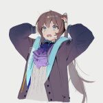 1girl absurdres amiya_(arknights) arknights ascot black_jacket blue_eyes brown_hair commentary distress frilled_ascot frills hands_on_own_head hands_up highres jacket jewelry long_hair long_sleeves looking_up multiple_rings no_animal_ears open_clothes open_jacket open_mouth purple_ascot ring ring_on_every_finger simple_background solo sweatdrop tea_(teahrii) upper_body wavy_mouth white_background 