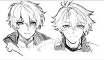  2boys ahoge collar collarbone commentary_request fluffy_hair highres honkai:_star_rail honkai_(series) honkai_impact_3rd kevin_kaslana kusattammmm looking_at_viewer male_focus multiple_boys neck_tattoo phainon_(honkai:_star_rail) serious short_hair simple_background smile tattoo upper_body white_background 