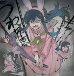  1girl ? ado_(utaite) angry animal_ear_hairband animal_ears black_hair blue_eyes blue_hair bonk chando_(ado) check_commentary check_translation colored_inner_hair commentary_request cosplay creator_name dress fake_animal_ears fleeing green_neckerchief hairband highres hitting holding holding_lead_pipe lead_pipe long_hair long_sleeves mole mole_under_eye multicolored_hair multiple_views neckerchief open_mouth pink_sailor_collar pink_serafuku pink_skirt pleated_skirt rabbit_ear_hairband rabbit_ears sailor_collar sailor_dress sailor_shirt school_uniform searching serafuku shimizu_hinako shimizu_hinako_(cosplay) shimizu_hinako_(pink_rabbit_costume) shirt sidelocks silent_hill_(series) silent_hill_f simple_background skirt spicedsalt_1130 translation_request utaite 