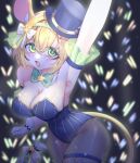  1girl animal_ears blush bow bowtie breasts charm_(object) commentary dooby dooby_(idol) facial_mark fishnets flower gloves green_eyes hair_flower hair_ornament hairband hat highres indie_virtual_youtuber jerboa_tail large_breasts multicolored_hair playboy_bunny short_hair sillymyne strapless streaked_hair tail thick_thighs thighs top_hat untranslatable_commentary virtual_youtuber white_gloves 