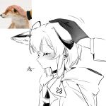  1girl 1other ahoge animal animal_ear_fluff animal_ears arknights blush chinese_commentary choker closed_eyes closed_mouth commentary_request fox fox_ears fox_girl from_side greyscale hand_on_another's_head headpat highres jiguang_(aurora) monochrome out_of_frame photo-referenced photo_inset profile reference_inset short_hair simple_background solo_focus sussurro_(arknights) upper_body white_background 