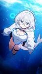  1girl black_choker blue_archive blue_halo breasts cetacean_tail choker cleavage commentary fins fish_tail full_body glasses grey_eyes grey_hair halo headphones highres hooded_shrug kotone_(blue_archive) large_breasts looking_at_viewer one-piece_swimsuit round_eyewear samess_333 short_hair shrug_(clothing) solo swimming swimsuit tail underwater untranslatable_commentary white_one-piece_swimsuit white_shrug 