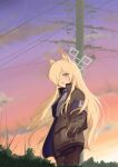  1girl absurdres animal_ears armband belt black_jacket black_necktie black_pantyhose black_skirt blonde_hair blue_archive blue_armband blue_halo blue_shirt breasts cable commentary_request cowboy_shot from_side halo hand_in_pocket highres jacket kanna_(blue_archive) large_breasts long_hair looking_at_viewer necktie nekozaru one_eye_covered open_mouth pantyhose ring_of_light_(blue_archive) shirt skirt solo sunset tree utility_belt wolf_ears 
