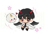  1boy 1other biyoo_(omniscient_reader's_viewpoint) black_hair black_wings chibi coat demon_horns demon_king_of_salvation flying full_body highres horns kim_dokja omniscient_reader's_viewpoint short_hair star_(symbol) white_background white_coat wings 