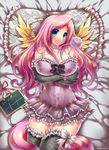  aqua_eyes artist_name bed_sheet blush breasts elbow_gloves emperpep fluttershy frilled_pillow frills glass gloves huge_breasts long_hair looking_at_viewer lying my_little_pony my_little_pony_friendship_is_magic on_back personification pillow pink_hair smile solo tail thighhighs wings 