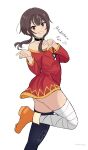  1girl aburagi aged_up ass_peek asymmetrical_legwear bandaged_leg bandages belt_collar black_hair black_thighhighs blush boots character_age character_name collar collarbone commentary_request dated dress grin hands_up highres kono_subarashii_sekai_ni_shukufuku_wo! long_sleeves looking_at_viewer megumin mismatched_legwear off-shoulder_dress off_shoulder orange_boots pointing pointing_at_viewer red_dress red_eyes short_dress short_hair_with_long_locks signature simple_background smile solo standing standing_on_one_leg thighhighs white_background 