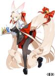  1girl absurdly_long_tail absurdres animal_ears apron ass bell black_pantyhose black_shoes blonde_hair bow breasts burger chinese_commentary clothes_lift commentary_request creature cup disposable_cup drink food fox_ears fox_girl fox_girl_miko_(7317helic) fox_tail frog full_body green_eyes hair_bow hair_intakes hair_ribbon hair_tie helic_(7317helic) highres holding holding_tray large_breasts lifted_by_tail long_hair long_sidelocks long_sleeves looking_to_the_side original pantyhose red_bow ribbon shirt shoes sidelocks signature simple_background skirt skirt_lift sparkling_eyes standing standing_on_one_leg tail tail_bell tail_bow tail_ornament tray very_long_hair very_long_sidelocks very_long_tail white_background 