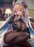  1girl black_bodystocking blonde_hair blue_eyes blush breasts character_doll cleavage commander_(nikke) commentary_request doll drooling goddess_of_victory:_nikke heart highres huge_breasts long_hair looking_at_viewer mouth_drool nun nun_headdress o-los on_bed one_eye_closed open_mouth rapunzel_(nikke) smile solo very_long_hair 