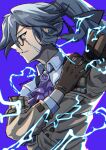  1girl absurdres artist_name ascot blue_eyes blue_hair brown_gloves collared_shirt commentary english_commentary fu_hua fu_hua_(hawk_of_the_fog) glasses gloves grey_hair hand_on_own_shoulder high_ponytail highres honkai_(series) honkai_impact_3rd jacket kursed_tea lightning long_hair low-tied_sidelocks monocle off_shoulder official_alternate_costume ponytail purple_ascot shirt sidelocks 