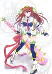  1girl bare_shoulders blood_tune blush boots breasts chaos;head cleavage commentary_request cosplay covered_nipples detached_sleeves elbow_gloves full_body gem gloves hair_between_eyes hair_ornament happy_birthday hat high_heels highres holding holding_mace holding_weapon in-franchise_crossover long_hair looking_at_viewer mace makise_kurisu medium_breasts motomotosakana navel pearl purple_eyes red_hair science_adventure seira_orgel seira_orgel_(cosplay) skirt solo spiked_mace spikes standing steins;gate thigh_boots thighhighs weapon 