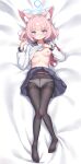  1girl :q absurdres animal_ear_fluff animal_ears bad_id bad_pixiv_id black_pantyhose blue_archive blue_eyes blue_halo blunt_bangs blush bow bow_panties breasts clothes_lift commentary_request dakimakura_(medium) fox_ears fox_girl halo highres lifting_own_clothes looking_at_viewer medium_hair neckerchief niko_(blue_archive) nipples no_bra panties panties_under_pantyhose pantyhose pink_hair red_neckerchief sanwenyu_juan_bing school_uniform serafuku shirt shirt_lift short_hair skirt skirt_lift small_breasts solo thighband_pantyhose tongue tongue_out underwear white_panties white_shirt 