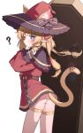  absurdres animal_ears belt blonde_hair blue_eyes borrowed_character commentary_request cross-shaped_pupils dress fake_animal_ears halo hat heterochromia highres korean_commentary original panties partial_commentary pointy_ears red_dress red_eyes red_hat symbol-shaped_pupils tail thighhighs underwear white_thighhighs wizard_hat yungun_(dbsrjsdn0330) 