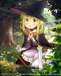  arrow bad_id bad_pixiv_id blush bow_(weapon) cape choker elbow_gloves forest gloves green_eyes green_hair hat itou_hachi log nature open_mouth pointy_ears quiver solo tenkuu_no_crystalia thighhighs tree weapon white_gloves white_legwear witch_hat 