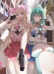  2girls absurdres aiming aiming_at_viewer alley aqua_hair bare_shoulders black_eyes blonde_hair blue_eyes blue_skirt bow bowtie breast_rest breasts breasts_on_head cellphone commentary_request constricted_pupils cowboy_shot crazy_rabbit_(killing_magician) creature day dduck_kong do_a-young_(killing_magician) elbow_gloves gloves green_hair gun hair_ornament handgun headdress highres holding holding_gun holding_phone holding_weapon horns jabelu_(killing_magician) killing_magician korean_commentary large_breasts long_hair looking_at_viewer magical_girl multiple_girls open_mouth outdoors phone pink_skirt pleated_skirt raised_inner_eyebrows see-through_cleavage see-through_clothes single_horn skirt smartphone surprised talking_on_phone thighhighs v-shaped_eyebrows weapon white_bow white_bowtie white_gloves white_thighhighs yoo_so-yoon_(killing_magician) zettai_ryouiki 