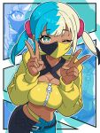  1girl bandeau black_hair black_mask black_pants blonde_hair blue_background blue_hair blue_pants breasts canari_(pokemon) cleavage commentary_request dark-skinned_female dark_skin double_v green_eyes highres jacket kanbei_(pixiv11037490) large_breasts looking_at_viewer mask medium_hair mouth_mask multicolored_hair navel one_eye_closed pants pokemon pokemon_legends:_z-a solo twintails two-tone_pants v yellow_bandeau yellow_jacket yellow_mask zoom_layer 