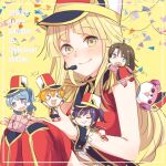  >_< 5girls :3 :d bang_dream! bang_dream!_girls_band_party! black_hair blonde_hair blue_eyes blue_hair blush_stickers character_name commentary_request dated gift happy_birthday hello_happy_world! highres holding holding_gift holding_mini_person in_palm kitazawa_hagumi long_hair looking_at_viewer matsubara_kanon michelle_(bang_dream!) mini_person mini_person_on_arm mini_person_on_shoulder minigirl multiple_girls okusawa_misaki one_side_up orange_hair ponytail purple_eyes purple_hair seta_kaoru short_hair smile succhii_(pikaru) tsurumaki_kokoro x3 xd yellow_background yellow_eyes 