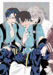  3boys belt black_collar black_hair black_nails blue_hair blue_jacket blue_shirt blush border brown_eyes brown_jacket chain chain_necklace collar earrings grey_background group_sex harness highres inukai_yuto jacket jewelry kaida_shion long_hair long_sleeves male_focus mmm_threesome multicolored_hair multiple_boys nail_polish necklace pants paradox_live red_eyes shirt short_hair short_sleeves single_earring suya_01 threesome tongue torn_clothes torn_pants twitter_username two-tone_hair white_border white_hair yaoi yellow_belt 