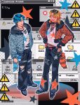  2boys :p absurdres alternate_costume altventurer_(regis_altare) animal_print axel_syrios axelotl_(axel_syrios) bandaid bandaid_on_face bandaid_on_nose belt black_belt black_choker black_gloves black_nails black_pants blonde_hair blue_hair charm_(object) choker ear_piercing error_message eyewear_on_head fake_transparency fangs fashion fingerless_gloves fishnet_top fishnets full_body fur-trimmed_jacket fur_trim gloves gyaruo hands_on_own_hips highres hiimtae_sb holostars holostars_english jacket jewelry leopard_print male_focus midriff_peek multicolored_hair multiple_boys nail_polish necklace outer_glow outline pants piercing red_streaks regis_altare ring shirt sign star_(symbol) star_print streaked_hair sunglasses tongue tongue_out torn_clothes torn_pants torn_shirt virtual_youtuber wallet_chain warning_sign white_outline white_shirt window_(computing) 