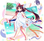  1girl alternate_costume barefoot bow breasts brown_eyes brown_hair closed_mouth dress frilled_bow frilled_dress frilled_hair_tubes frills full_body game_asset gun hair_bow hair_tubes hakurei_reimu hakurei_reimu_(lunar_war_shaman) highres long_hair looking_at_viewer official_art photo_(object) ponytail red_bow rotte_(1109) simple_background sleeveless sleeveless_dress small_breasts solo third-party_source toes touhou touhou_lostword transparent_background very_long_hair weapon white_dress yin_yang 