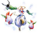  1girl 404_game_re:set animal anode_(404_game_re:set) armpits arms_up bare_shoulders bird bow bowtie brown_eyes brown_hair cleats detached_sleeves full_body fur_collar gold_halo halo holding ice ice_shard official_art open_mouth oversized_clothes oversized_pants pants pengo_(pengo) pengo_(series) penguin personification puffy_pants red_bow red_bowtie rope shirt simple_background snow_boots solo strapless strapless_shirt teeth third-party_source topknot upper_teeth_only white_background white_pants white_shirt white_sleeves yuugen 
