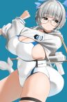  1girl absurdres aps_rifle assault_rifle black_choker blue_archive blue_background blue_halo blush bob_cut breasts cetacean_tail choker closed_mouth commentary competition_swimsuit covered_navel cowboy_shot cross-body_stretch fins fish_tail glasses grey-framed_eyewear grey_eyes grey_hair gun gun_on_back gun_sling halo hands_up haru_(harugaki520) headphones highres hood hood_down hooded_shrug kotone_(blue_archive) large_breasts long_sleeves looking_at_viewer one-piece_swimsuit pouch rifle round_eyewear short_hair shrug_(clothing) sideboob simple_background solo standing swimsuit tail thigh_strap weapon weapon_on_back white_one-piece_swimsuit white_shrug 