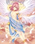  1girl absurdres angel angel_wings anklet bare_shoulders barefoot blue_robe bob_cut bracer breasts closed_mouth cloud collarbone commission double-parted_bangs eiyuu_densetsu english_commentary falling_feathers feathered_wings feathers flying gold_anklet gold_bracer gold_collar gold_halo gold_ring gold_thighlet green_eyes hair_between_eyes hair_bun hair_ornament hair_tie head_tilt highres jewelry juna_crawford light_smile looking_at_viewer medium_breasts metal_halo midair multiple_wings naked_robe nipples no_bra no_panties offering_hand one_breast_out open_hand outstretched_arm pink_hair reaching reaching_towards_viewer ring robe see-through_clothes see-through_robe sen_no_kiseki_(series) seraph short_hair sidelocks single_hair_bun sky smile solo sunburst sunburst_background thighlet white_feathers white_wings wings x_hair_ornament yuzukiyo 