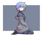  1girl ayanami_rei black_bodysuit blue_hair bodysuit border breasts commentary evangelion:_3.0+1.0_thrice_upon_a_time from_side grey_background grey_jacket hair_between_eyes hood hooded_jacket jacket jacket_partially_removed long_sleeves looking_at_viewer looking_to_the_side mecha_pilot_suit medium_breasts neon_genesis_evangelion outside_border plugsuit_(evangelion) rebuild_of_evangelion red_eyes sashimi_(sasihmi) short_hair sitting solo wariza white_border 