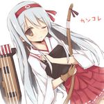  ;) archery bad_id bad_pixiv_id blush bow_(weapon) brown_eyes dutch_angle gloves hairband japanese_clothes kantai_collection kyuudou long_hair muneate one_eye_closed partly_fingerless_gloves peta_(petalol) shoukaku_(kantai_collection) silver_hair single_glove skirt smile solo weapon yugake 