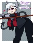  1girl absurdres armband bags_under_eyes black_jacket black_necktie black_pants black_tail breasts checkered_background clawed_gauntlets commentary demon_girl demon_horns demon_tail english_text gauntlets heart helltaker highres horns jacket large_breasts leaning_forward metal_horns muds necktie pants red_eyes red_shirt ringed_eyes shirt smile solo tail teeth tie_clip tower_(helltaker) watch white_hair wristwatch 