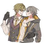  2boys aventurine_(honkai:_star_rail) aventurine_(stoneheart's_oath_ring)_(honkai:_star_rail) badge black_gloves black_jacket black_vest blonde_hair blue_eyes blush buttons caelus_(honkai:_star_rail) collarbone collared_shirt commentary_request empty_eyes gloves grey_hair hair_between_eyes hand_on_another's_waist hand_up holding holding_poker_chip honkai:_star_rail honkai_(series) hood hooded_jacket jacket lapels looking_at_another male_focus multicolored_eyes multiple_boys necktie official_alternate_costume open_clothes open_jacket open_mouth poker_chip pox211x purple_eyes purple_jacket shirt short_hair simple_background smile sweatdrop t-shirt teeth tie_clip trailblazer_(honkai:_star_rail) two-sided_fabric two-sided_jacket upper_body v-shaped_eyebrows vest white_background white_shirt yaoi yellow_eyes yellow_jacket yellow_necktie 