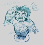  1boy bara blue_theme chibi chibi_only commentary_request deformed facial_hair forked_eyebrows full_body hachimaki harada_(basashi) headband large_pectorals male_focus monochrome muscular muscular_male mutton_chops notice_lines pants pectorals salute sanpaku short_hair sketch solo tajikarao_(housamo) thick_eyebrows tokyo_afterschool_summoners tusks 